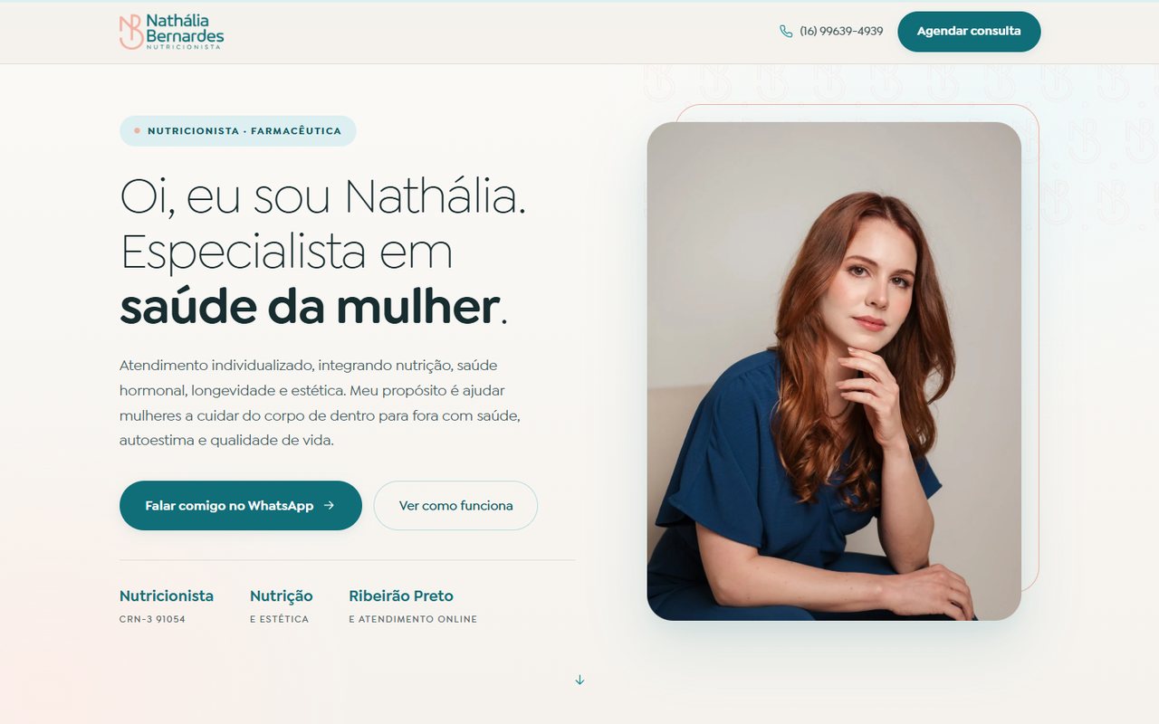 Página inicial do site da nutricionista Nathália Bernardes