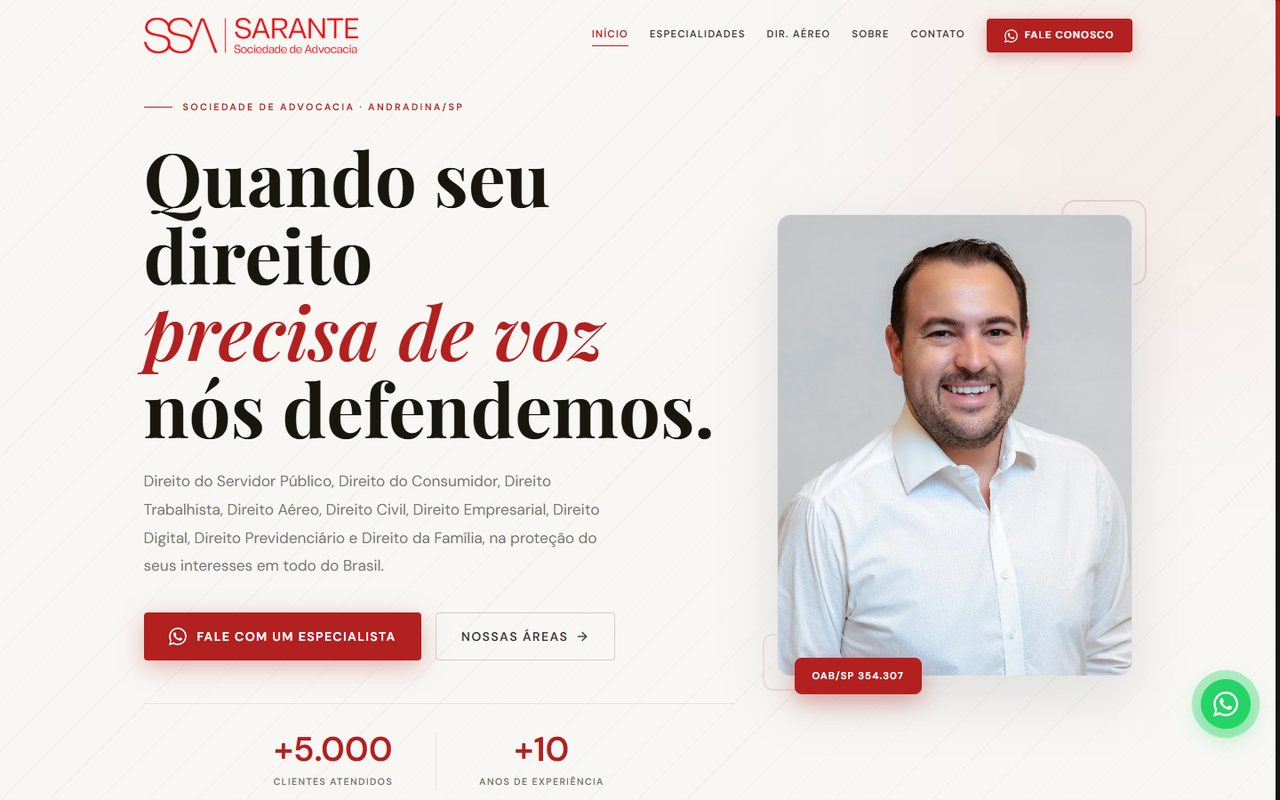 Página inicial do site da Sarante Sociedade de Advocacia